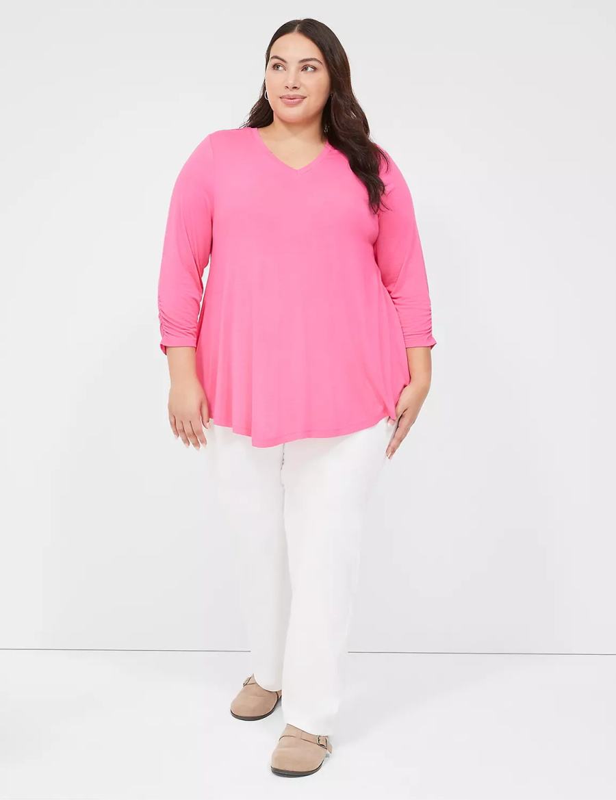 μπλουζακια γυναικεια Lane Bryant Swing 3/4 Ruched-Sleeve Top φουξια | MXJ7426CB