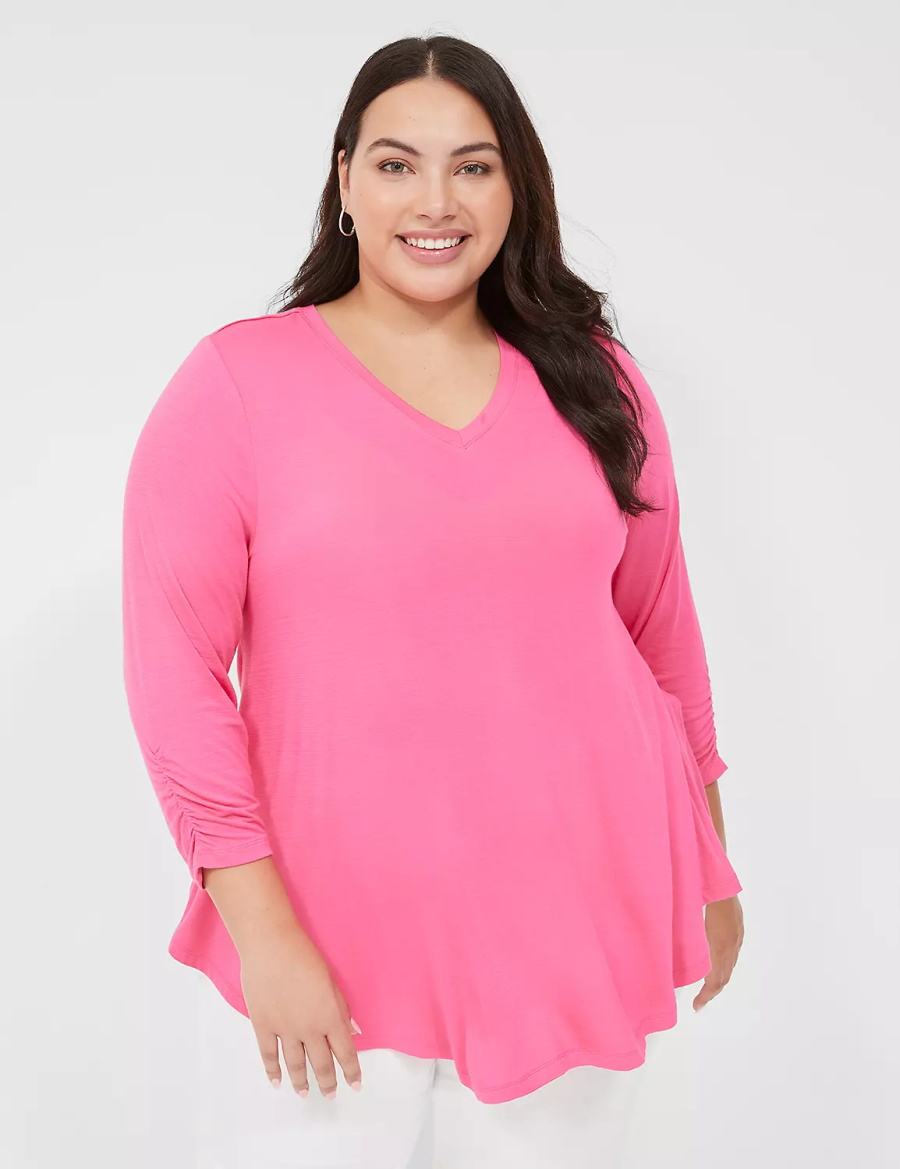 μπλουζακια γυναικεια Lane Bryant Swing 3/4 Ruched-Sleeve Top φουξια | MXJ7426CB