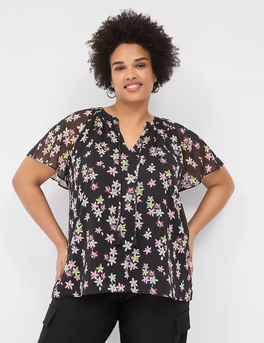 Μπλουζα γυναικεια Lane Bryant Swing Flutter-Sleeve Popover μαυρα Πολύχρωμο | UTD1945HE