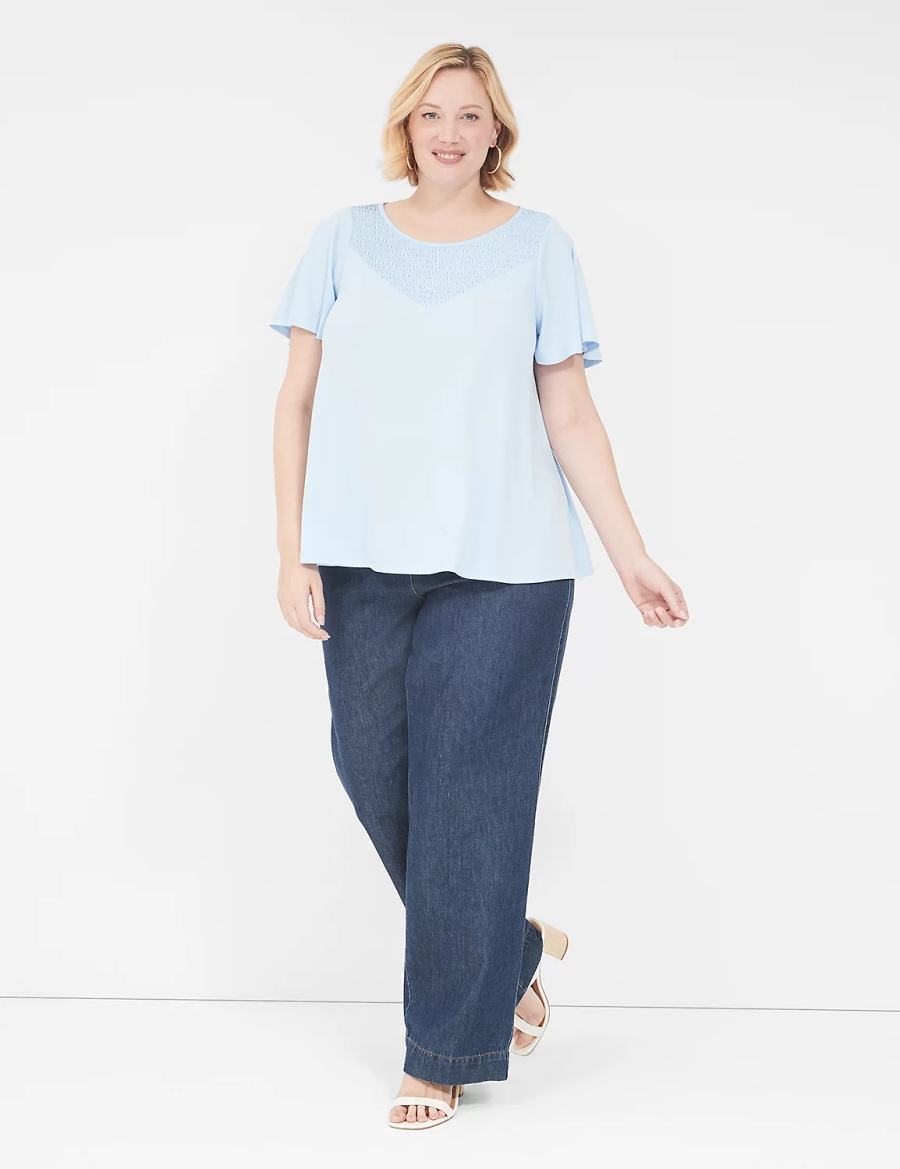 μπλουζακια γυναικεια Lane Bryant Swing Flutter-Sleeve Smocked-Yoke Top μπλε | DZU38100JL