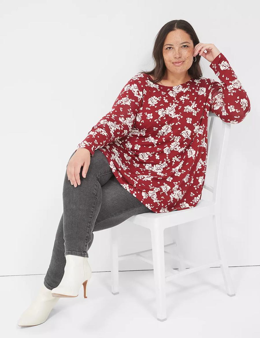 μπλουζακια γυναικεια Lane Bryant Swing Long-Sleeve Crew-Neck Tee κοκκινα ασπρα | NGU9370AV