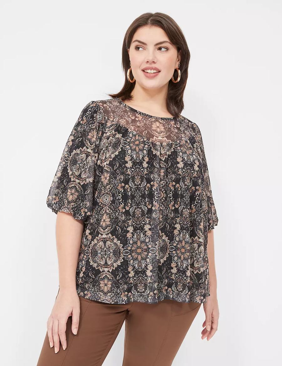 Μπλουζα γυναικεια Lane Bryant Swing Perfect Puff-Sleeve Mesh Top μαυρα | NSX7550YO