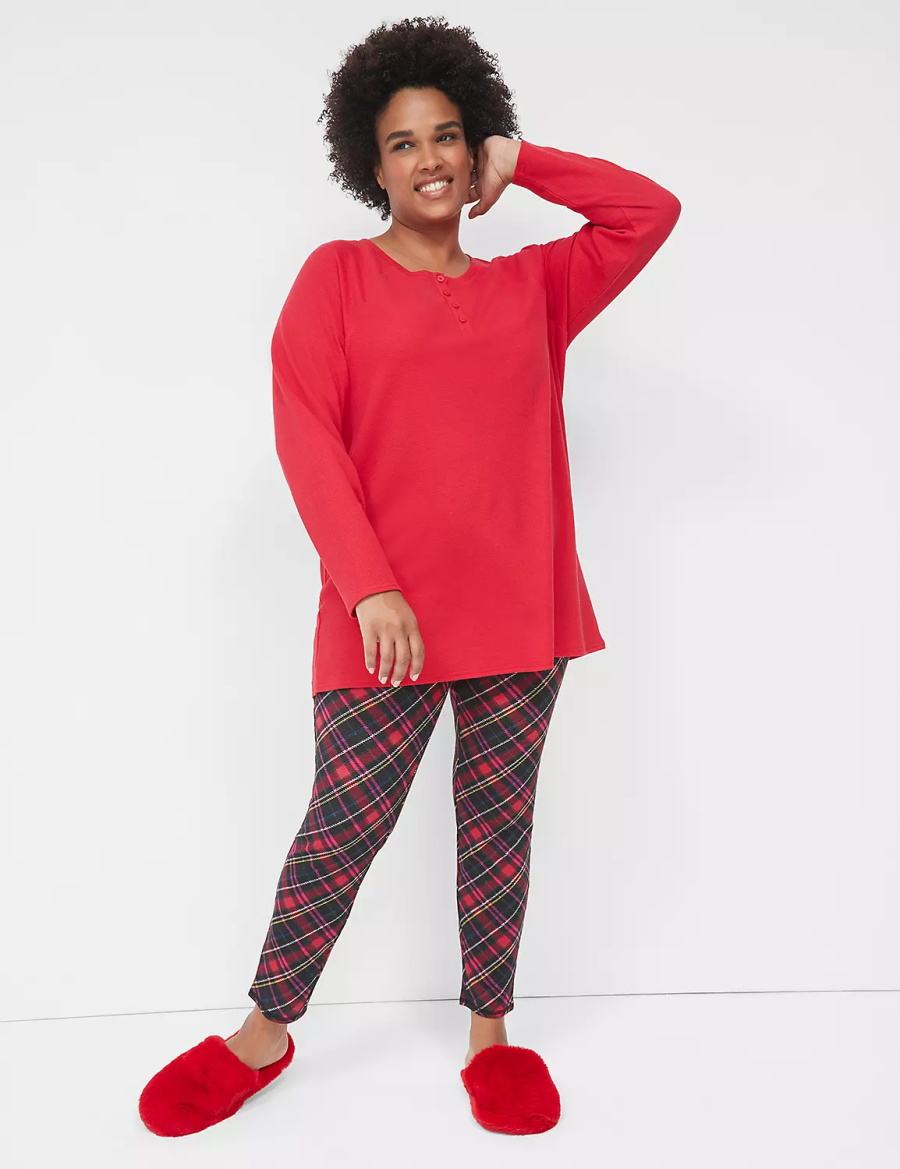 Πιζάμες γυναικεια Lane Bryant Thermal Henley Tee & Legging PJ Set κοκκινα Πολύχρωμο | GQV9737AN