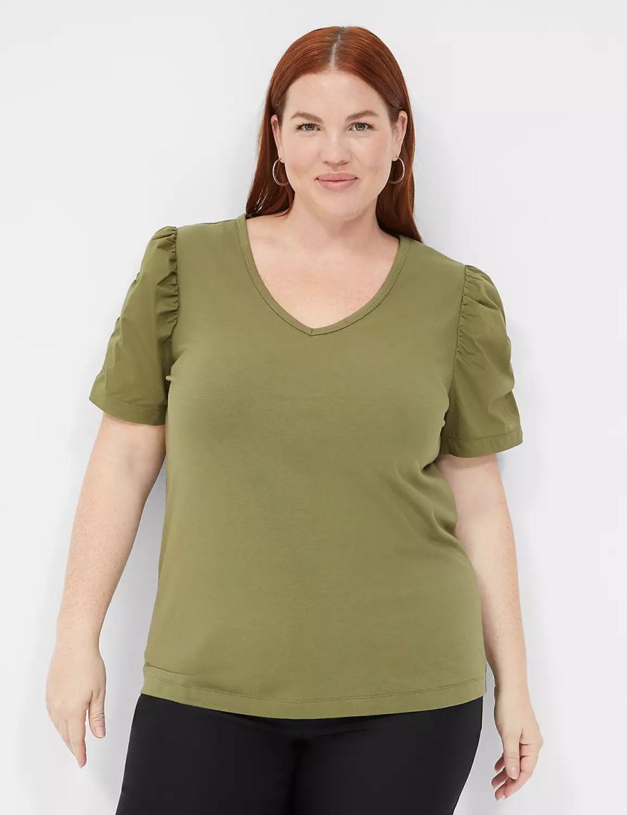 μπλουζακια γυναικεια Lane Bryant Woven Puff-Sleeve V-Neck Knit Tee πρασινο | NAA5863PN