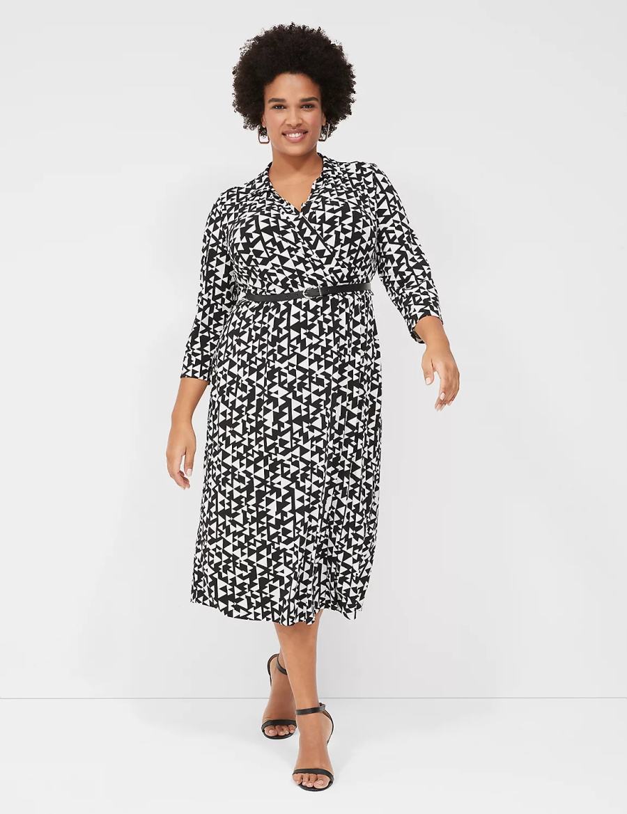 Μίντι Φόρεμα γυναικεια Lane Bryant 3/4-Sleeve Collar Faux-Wrap Jersey μαυρα | OCZ3284XW