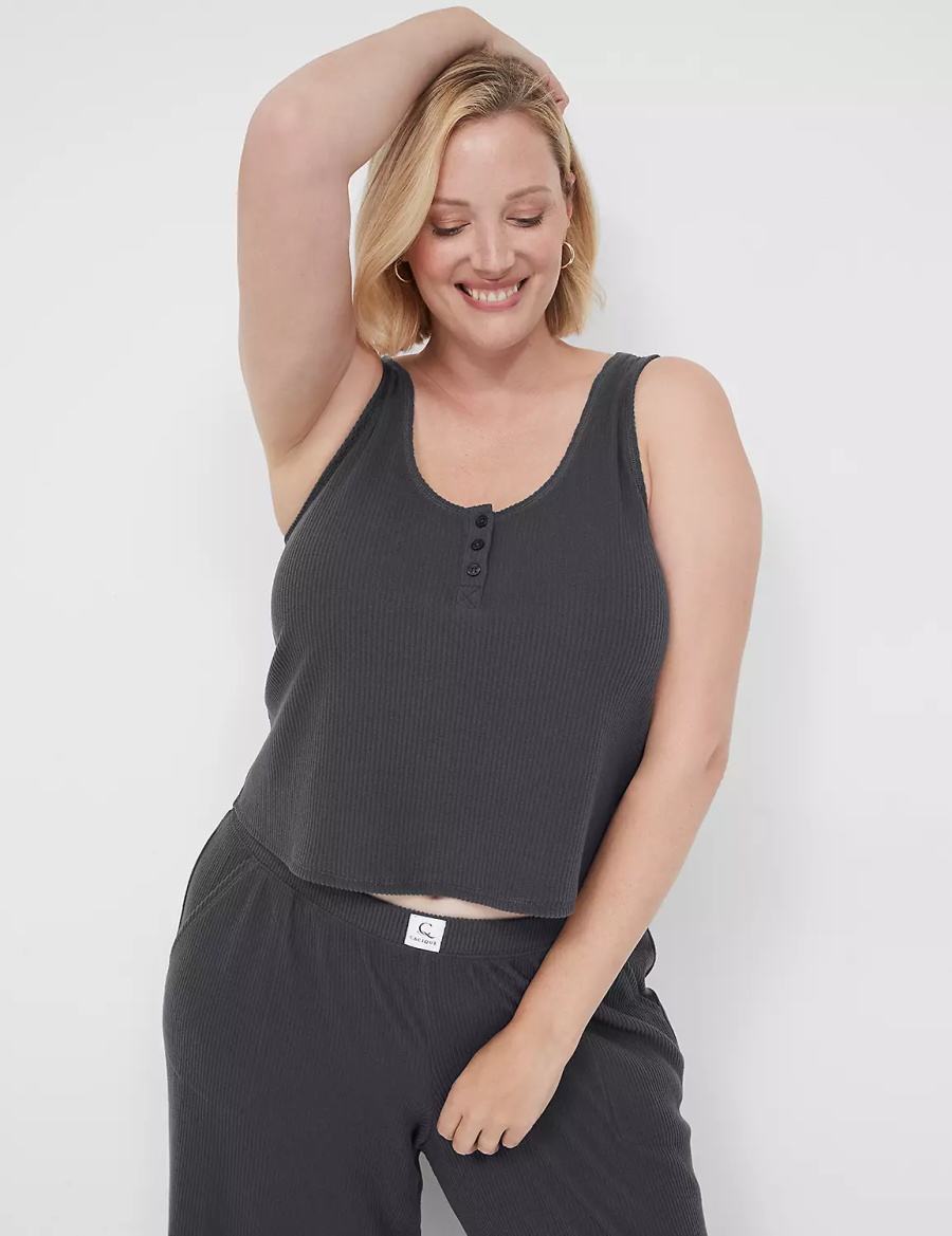 αμανικα μπλουζακια γυναικεια Lane Bryant Brushed Rib Henley Sleep σκούρο γκρι | FBT9132FM