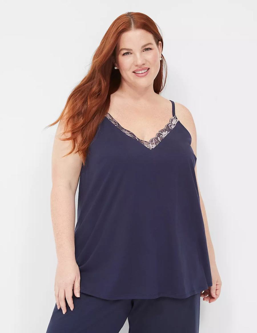 αμανικα μπλουζακια γυναικεια Lane Bryant Comfy Cotton Lace-Trim Cami μπλε | DPQ9971BR