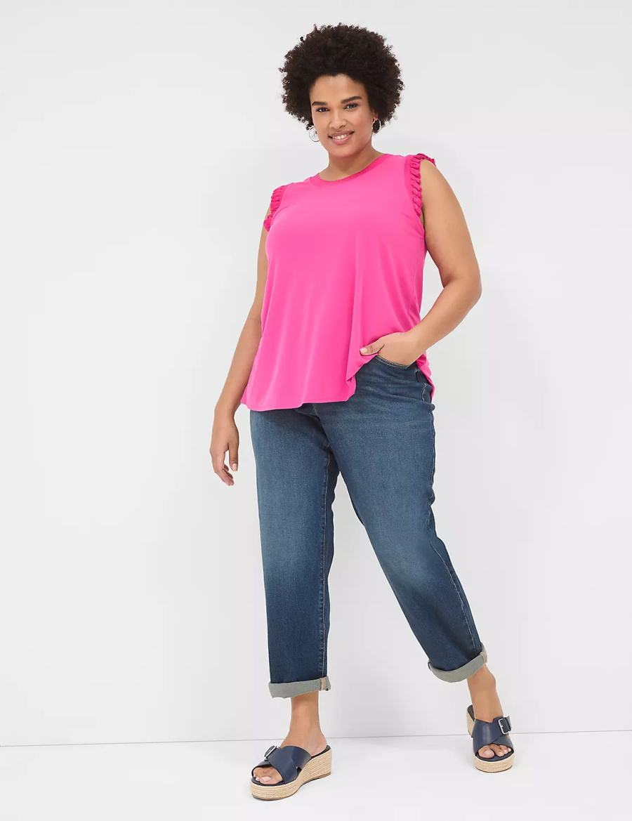 Μπλουζακια Αμανικα γυναικεια Lane Bryant Crew-Neck Ruffle-Trim ροζ | TFC8245IB