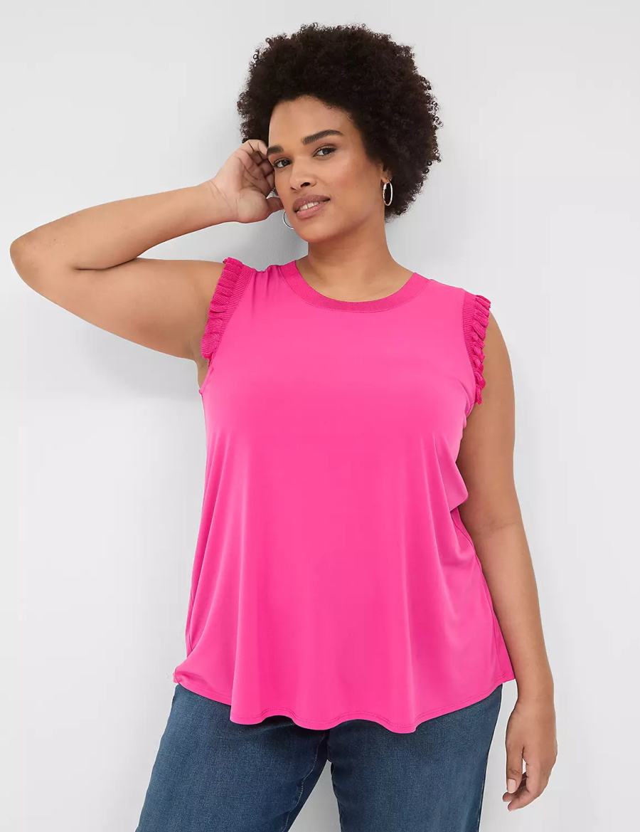 Μπλουζακια Αμανικα γυναικεια Lane Bryant Crew-Neck Ruffle-Trim ροζ | TFC8245IB