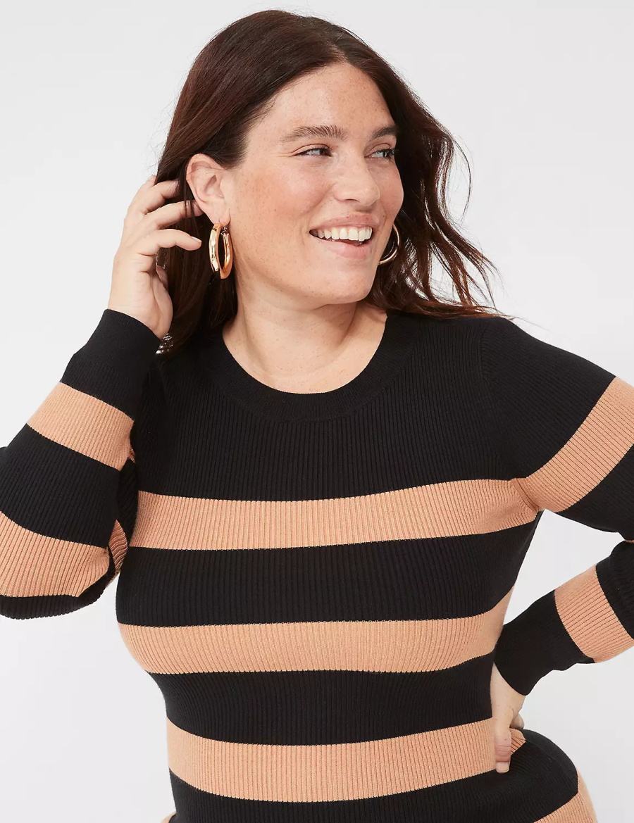 Πλεκτό Φόρεμα γυναικεια Lane Bryant Crew-Neck Stripe Sweater μαυρα | OMH4974EL