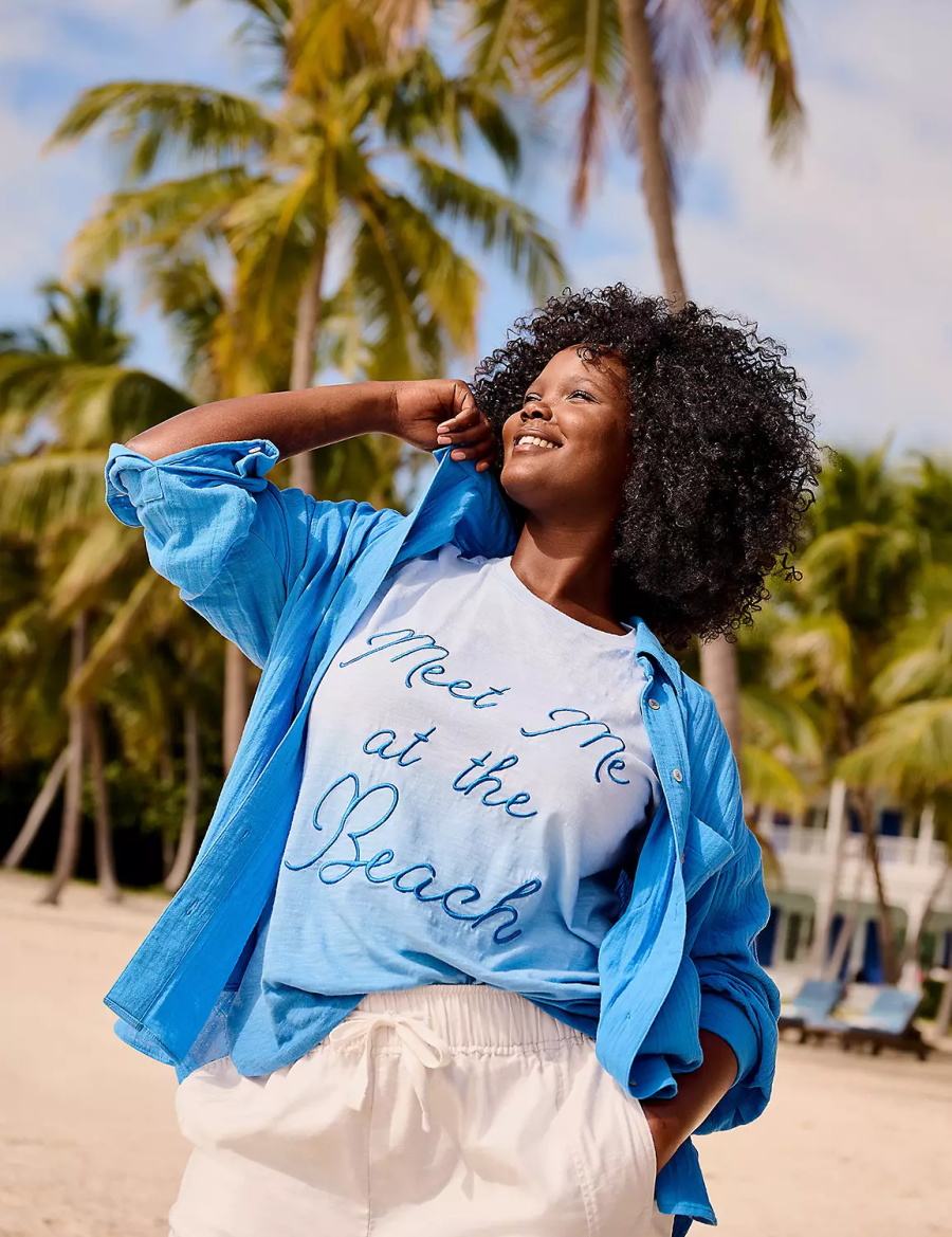 Μπλουζακια Αμανικα γυναικεια Lane Bryant Embroidered Meet Me At The Beach Graphic Tee μπλε | QBL7690WB