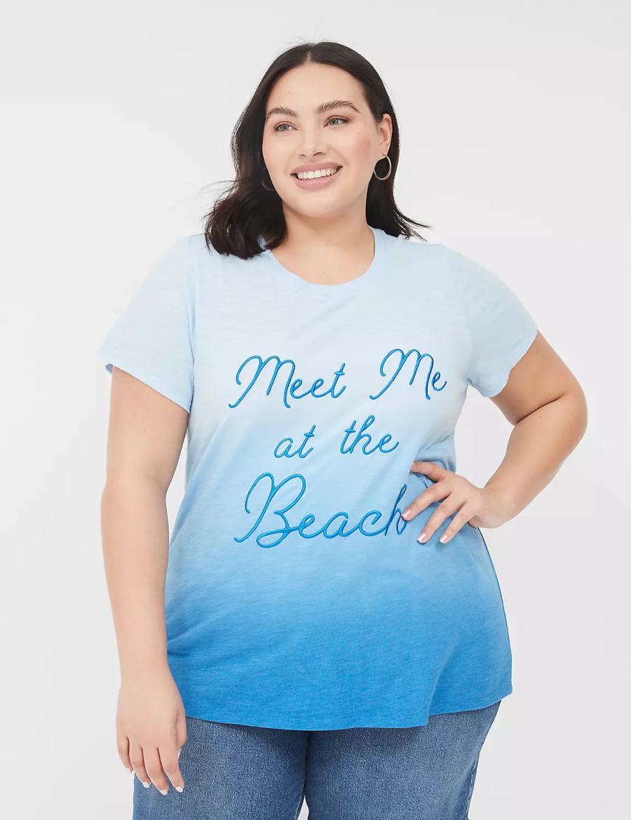 Μπλουζακια Αμανικα γυναικεια Lane Bryant Embroidered Meet Me At The Beach Graphic Tee μπλε | QBL7690WB