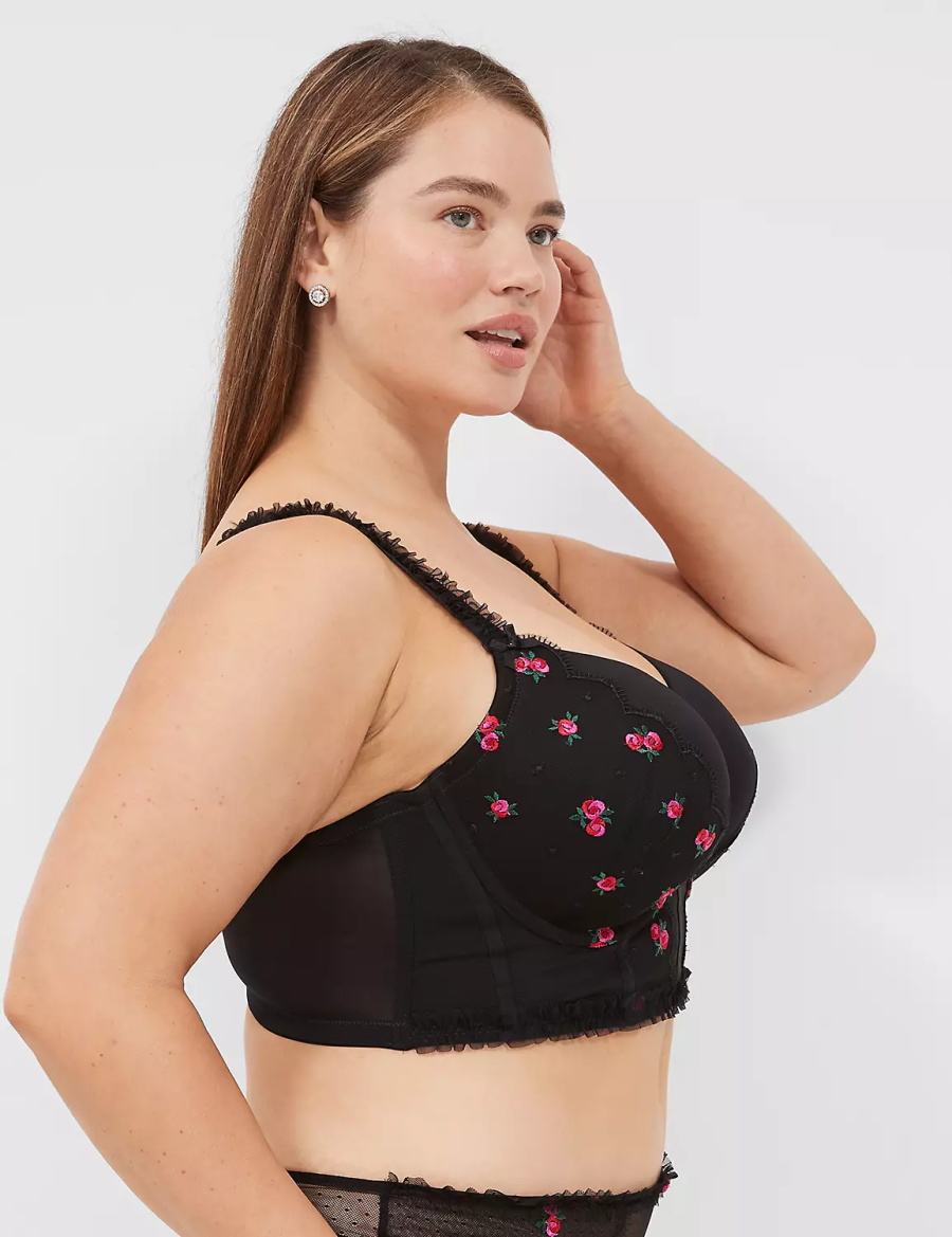 Σουτιέν Μπαλκονέτ γυναικεια Lane Bryant Embroidered Ruffle-Trim Longline Boost μαυρα | ENK818MU