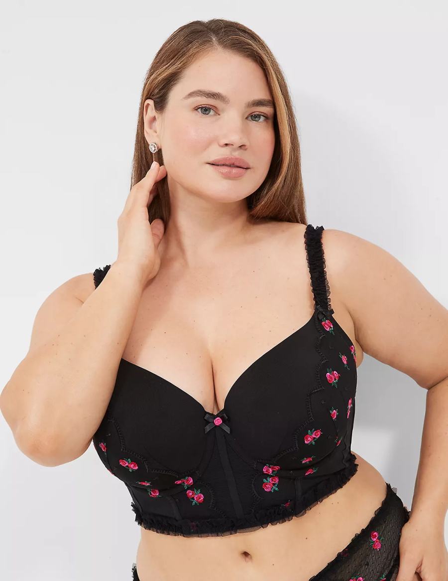 Σουτιέν Μπαλκονέτ γυναικεια Lane Bryant Embroidered Ruffle-Trim Longline Boost μαυρα | ENK818MU