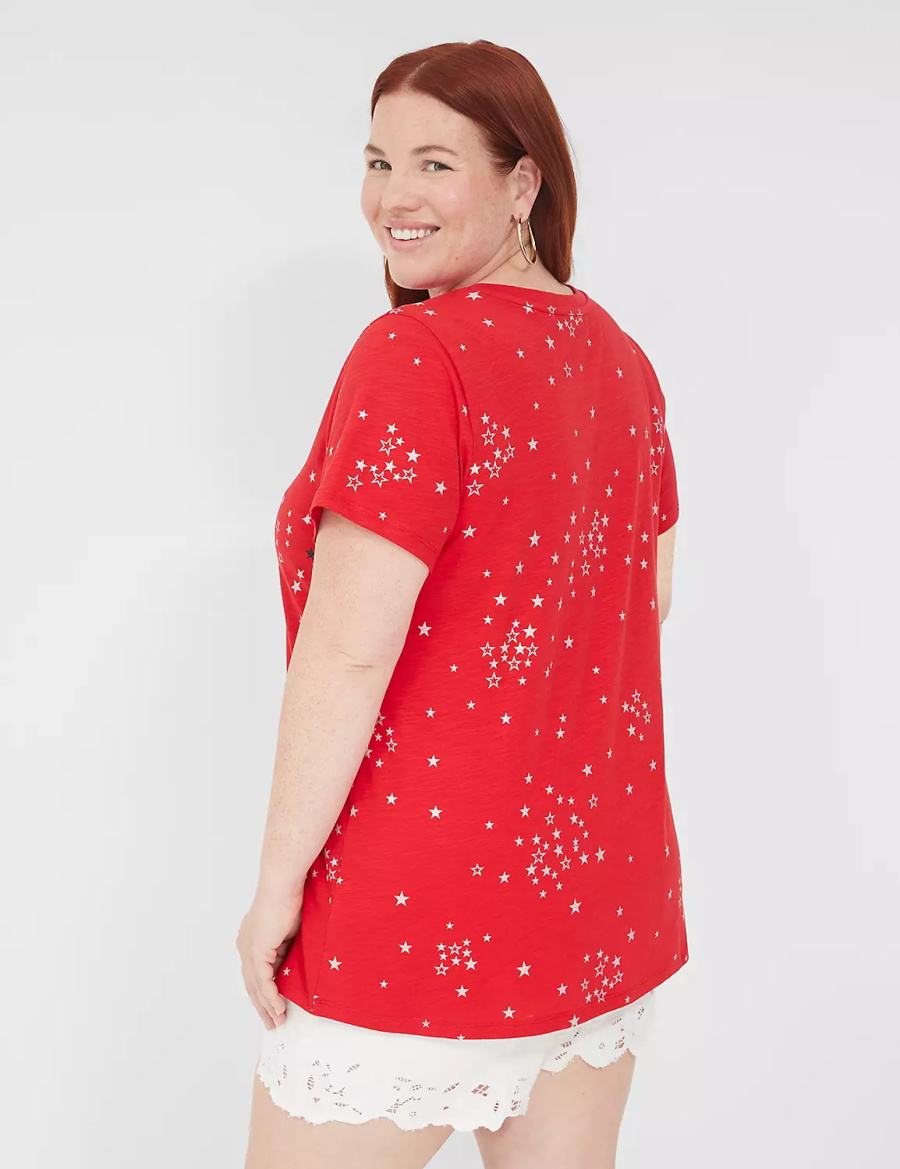 Μπλουζακια Αμανικα γυναικεια Lane Bryant Embroidered Stars Graphic Tee κοκκινα | FFD3331YN