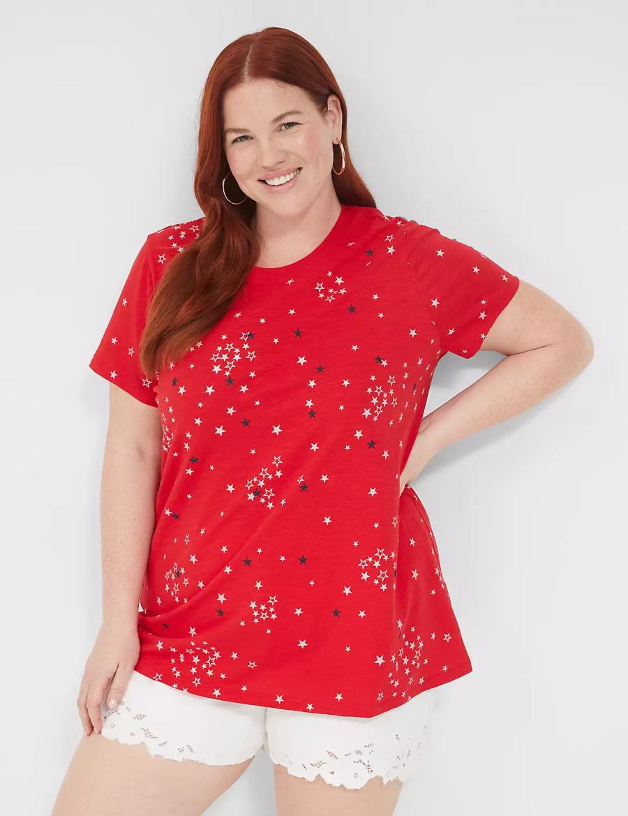 Μπλουζακια Αμανικα γυναικεια Lane Bryant Embroidered Stars Graphic Tee κοκκινα | FFD3331YN