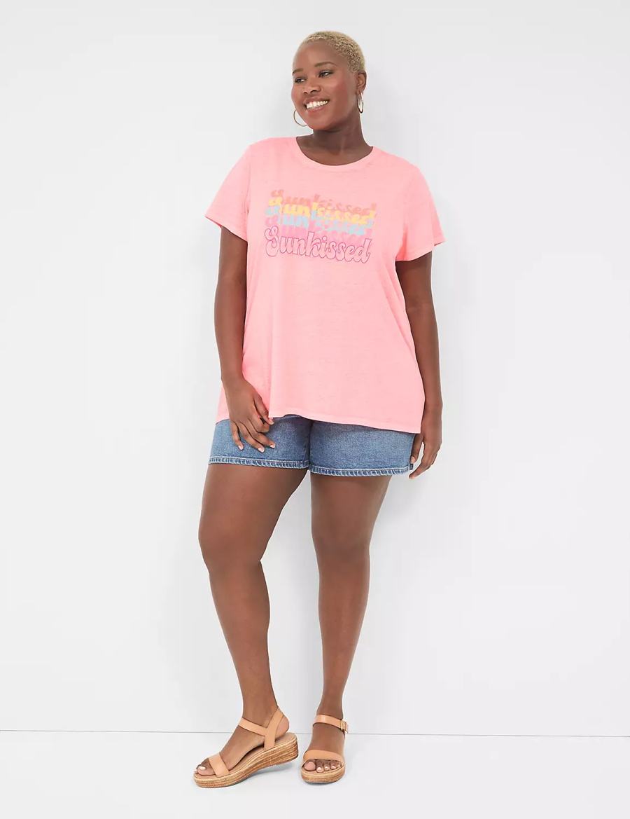 Μπλουζακια Αμανικα γυναικεια Lane Bryant Embroidered Sunkissed Graphic Tee ανοιχτο κοραλι | QJV6939PC