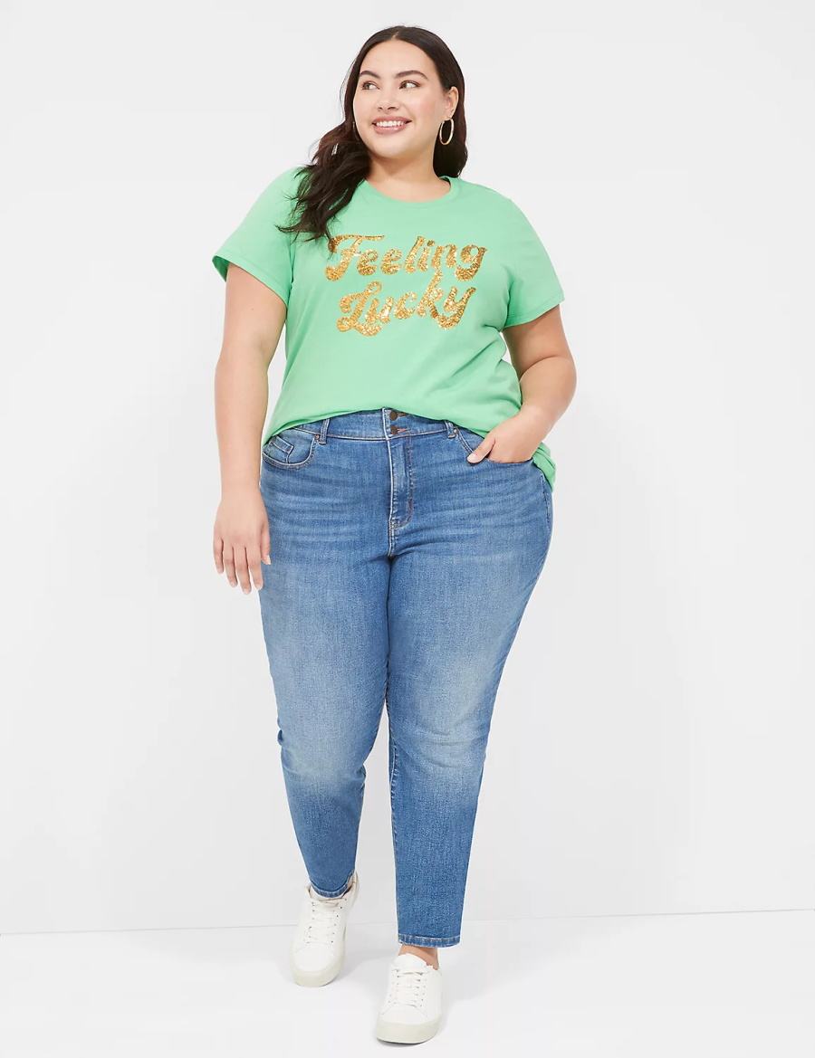 Μπλουζακια Αμανικα γυναικεια Lane Bryant Feeling Lucky Graphic Tee ανοιχτο πρασινο | VWM8229YT