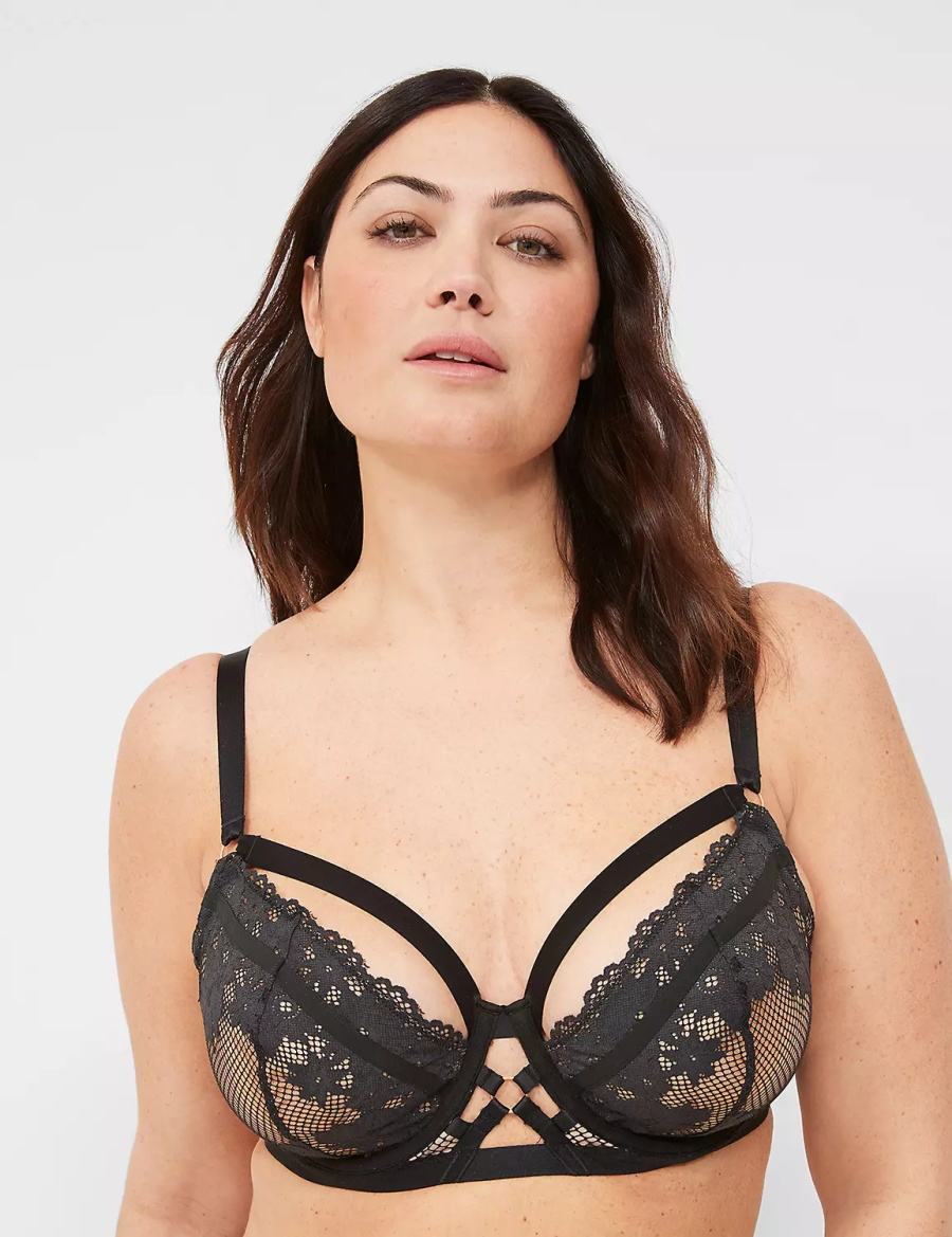 Σουτιέν Μπαλκονέτ γυναικεια Lane Bryant Fishnet & Lace Unlined μαυρα | XZA962GN