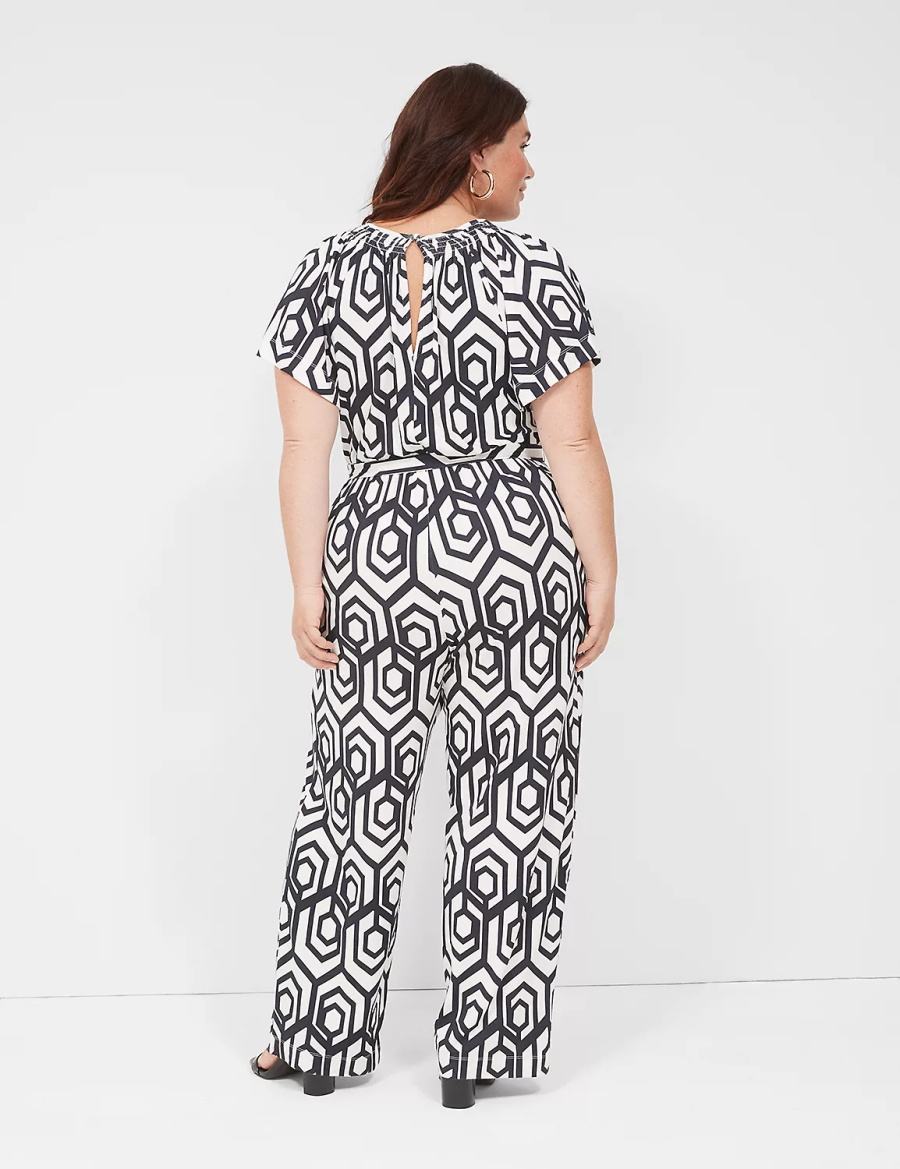 Ολοσωμη Φορμα γυναικεια Lane Bryant Flutter-Sleeve Smocked-Neck Wide Leg σκουρο μπλε | SUG6137UC