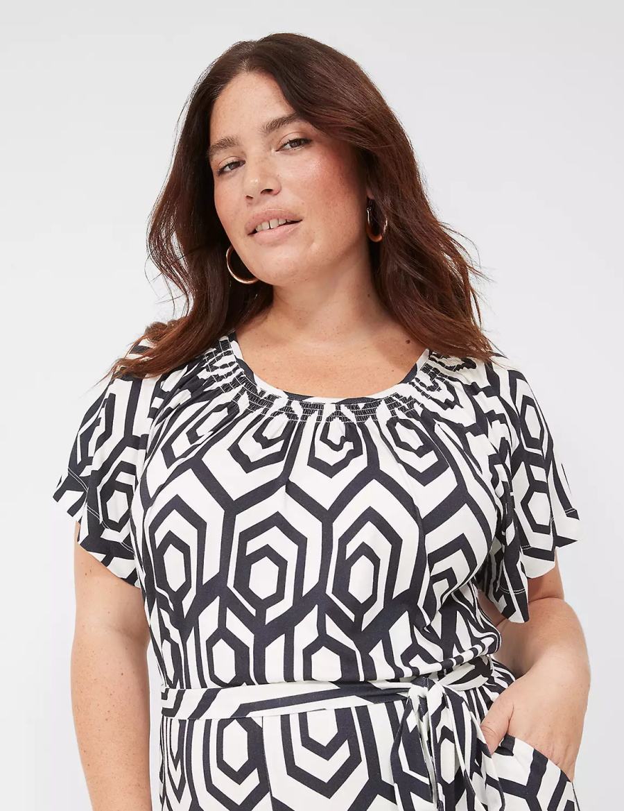 Ολοσωμη Φορμα γυναικεια Lane Bryant Flutter-Sleeve Smocked-Neck Wide Leg σκουρο μπλε | SUG6137UC