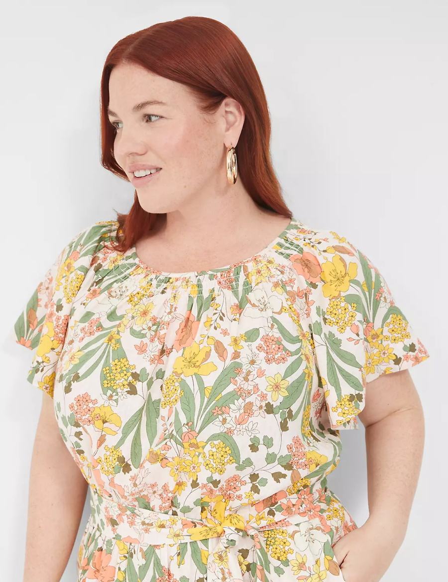 Ολοσωμη Φορμα γυναικεια Lane Bryant Flutter-Sleeve Smocked-Neck Wide Leg κίτρινα Πολύχρωμο | YZC6918DC