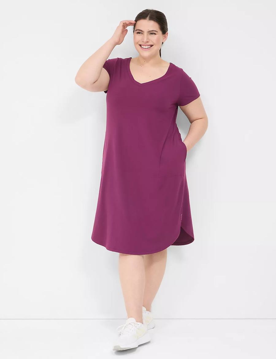 καθημερινο φορεμα γυναικεια Lane Bryant LIVI V-Neck Recycled LIVI Soft Macrame-Back σκούρο μωβ | NKR9038LC