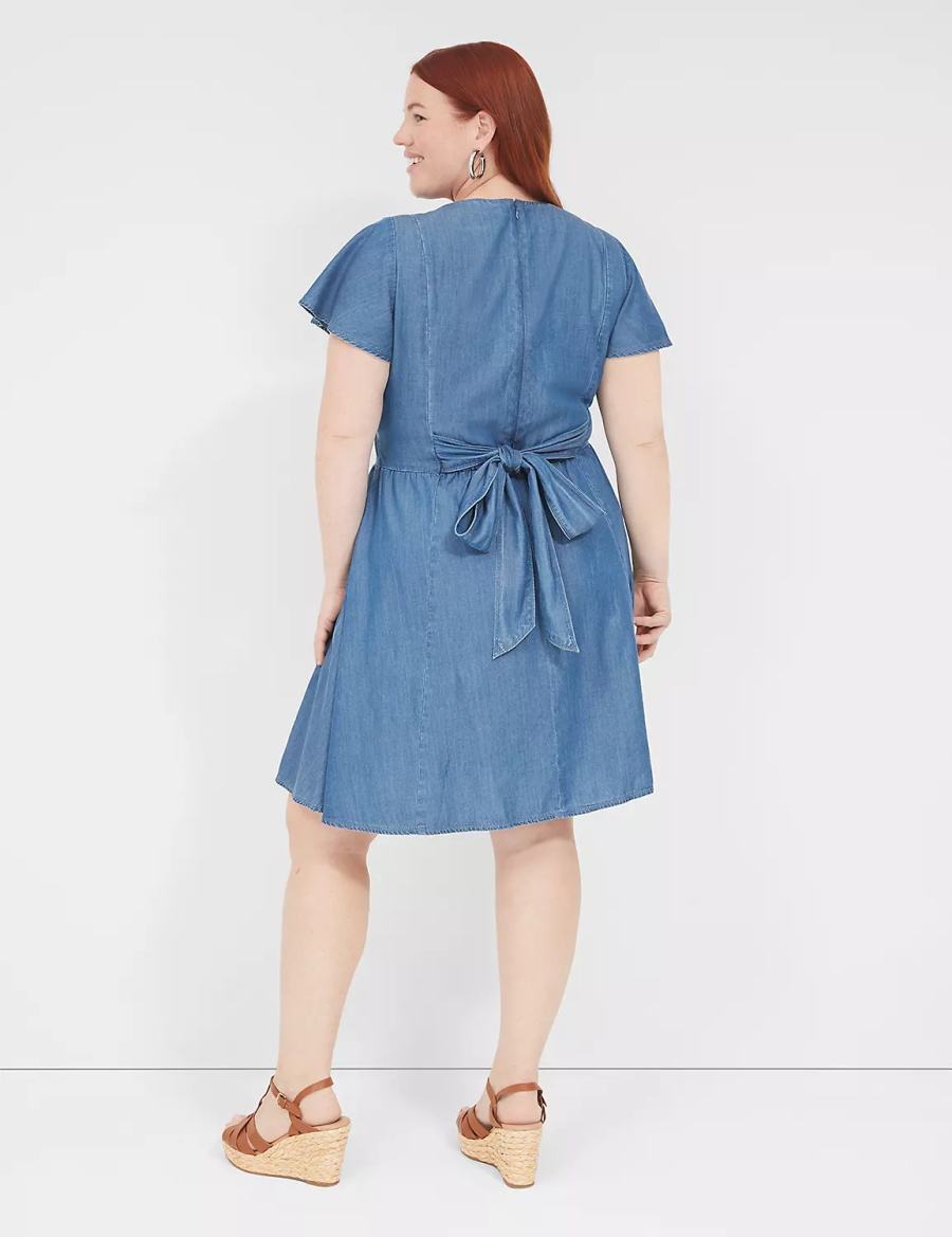 καθημερινο φορεμα γυναικεια Lane Bryant Lena Denim Surplice-Neck Level-Hem μπλε | UOB6549FV