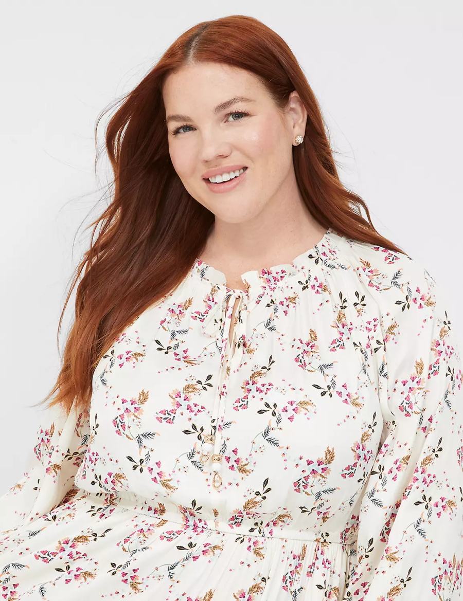 Μίντι Φόρεμα γυναικεια Lane Bryant Satin Blouson-Sleeve Tiered κρέμα ροζ | YOX4997LF