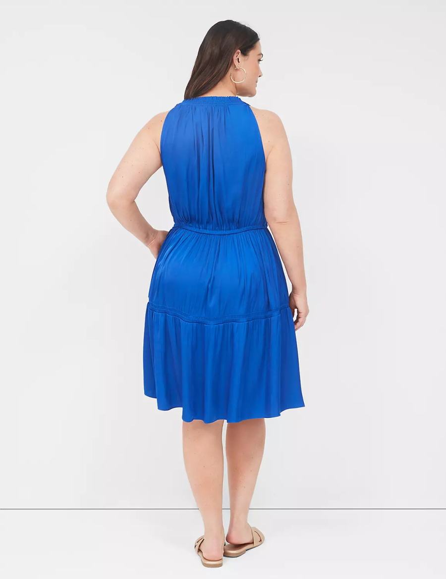 καθημερινο φορεμα γυναικεια Lane Bryant Satin Smocked-Neck Tie-Waist μπλε | TIP7265WR