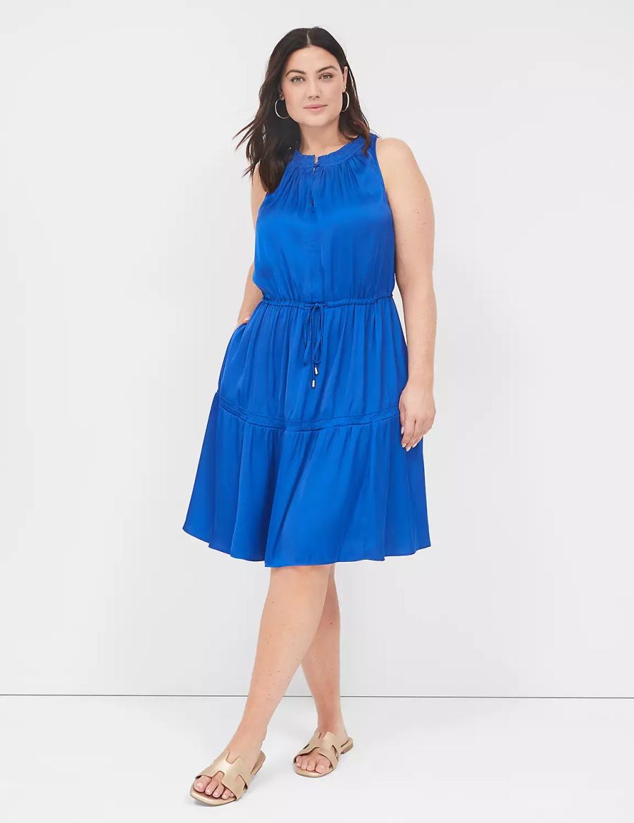 καθημερινο φορεμα γυναικεια Lane Bryant Satin Smocked-Neck Tie-Waist μπλε | TIP7265WR