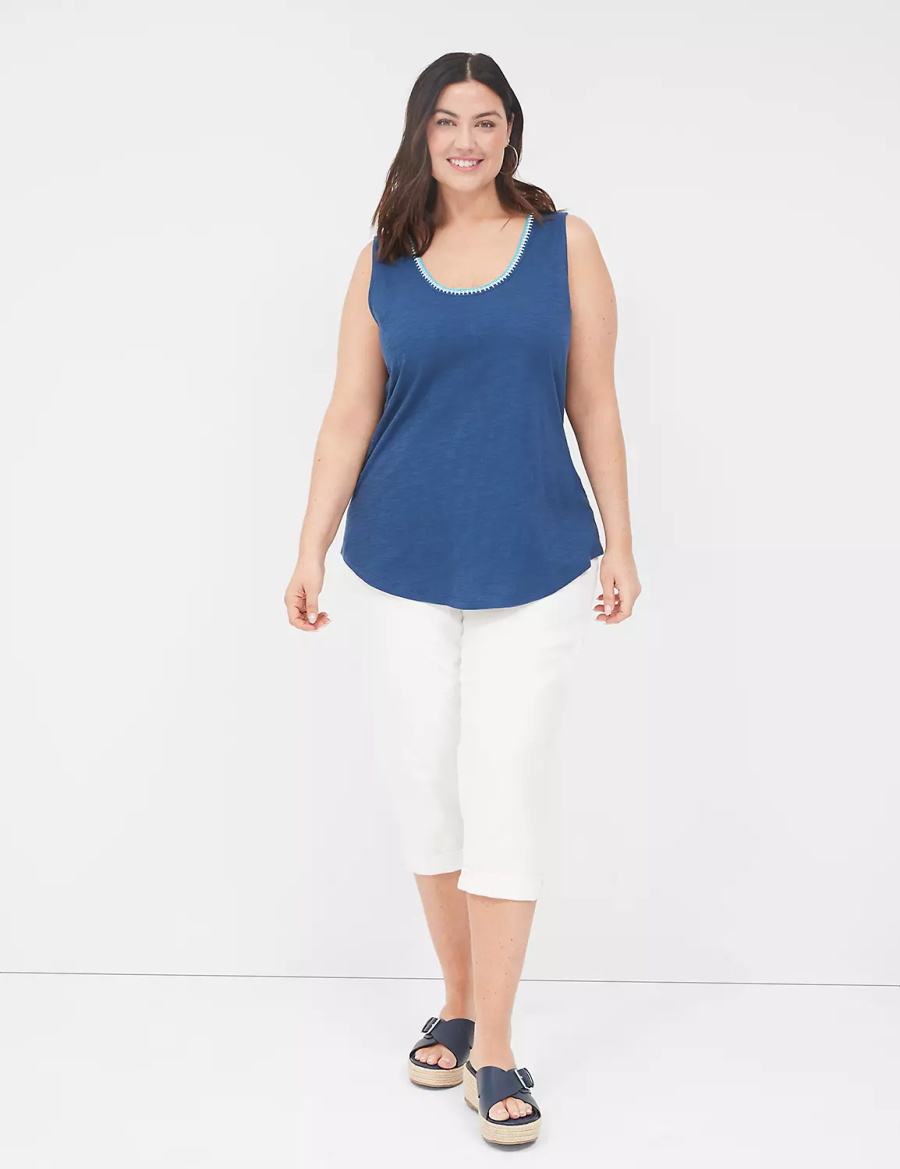 Μπλουζακια Αμανικα γυναικεια Lane Bryant Scoop-Neck Crochet-Trim σκούρο μπλε | VIB833KQ