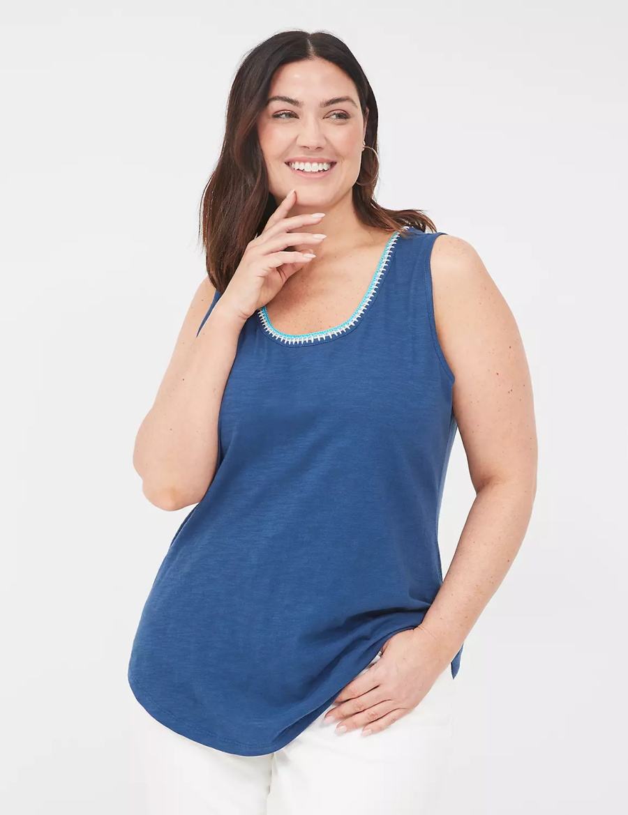 Μπλουζακια Αμανικα γυναικεια Lane Bryant Scoop-Neck Crochet-Trim σκούρο μπλε | VIB833KQ