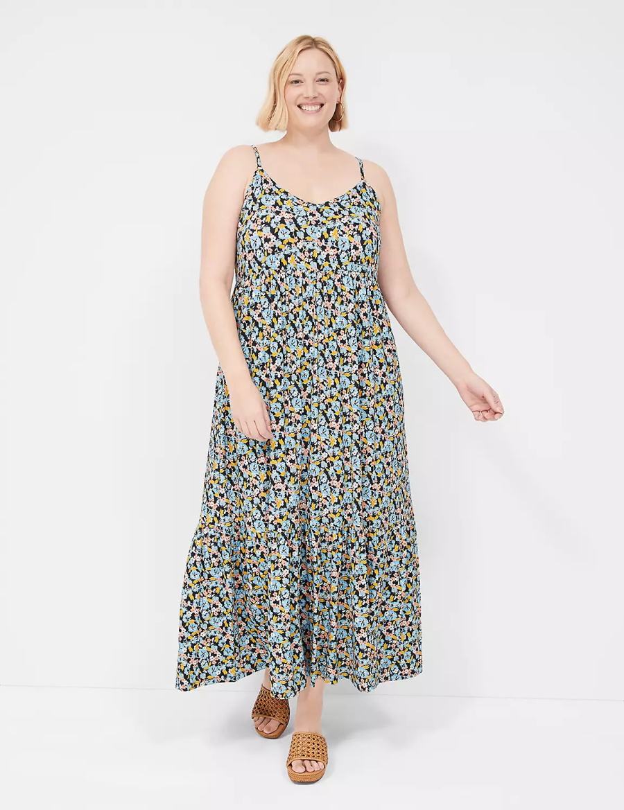 καθημερινο φορεμα γυναικεια Lane Bryant Sleeveless V-Neck Tiered μπλε Πολύχρωμο | KPB3564EQ