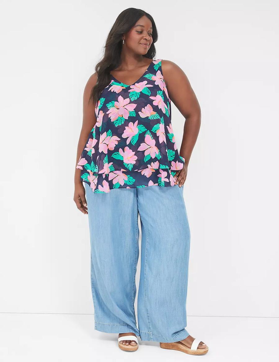 Μπλουζακια Αμανικα γυναικεια Lane Bryant Swing Double-Layer Chiffon ροζ σκουρο μπλε | QMJ8165XO