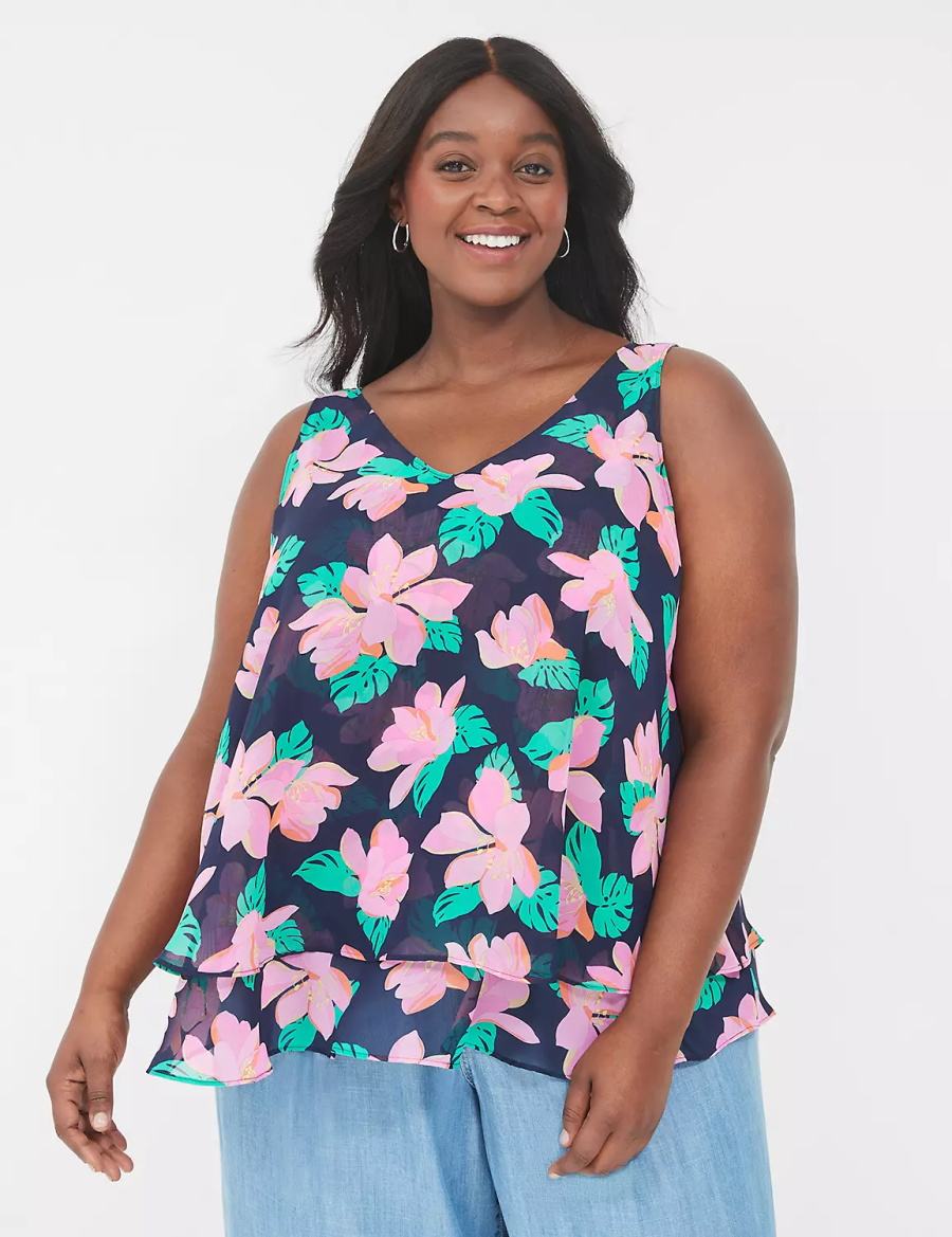 Μπλουζακια Αμανικα γυναικεια Lane Bryant Swing Double-Layer Chiffon ροζ σκουρο μπλε | QMJ8165XO