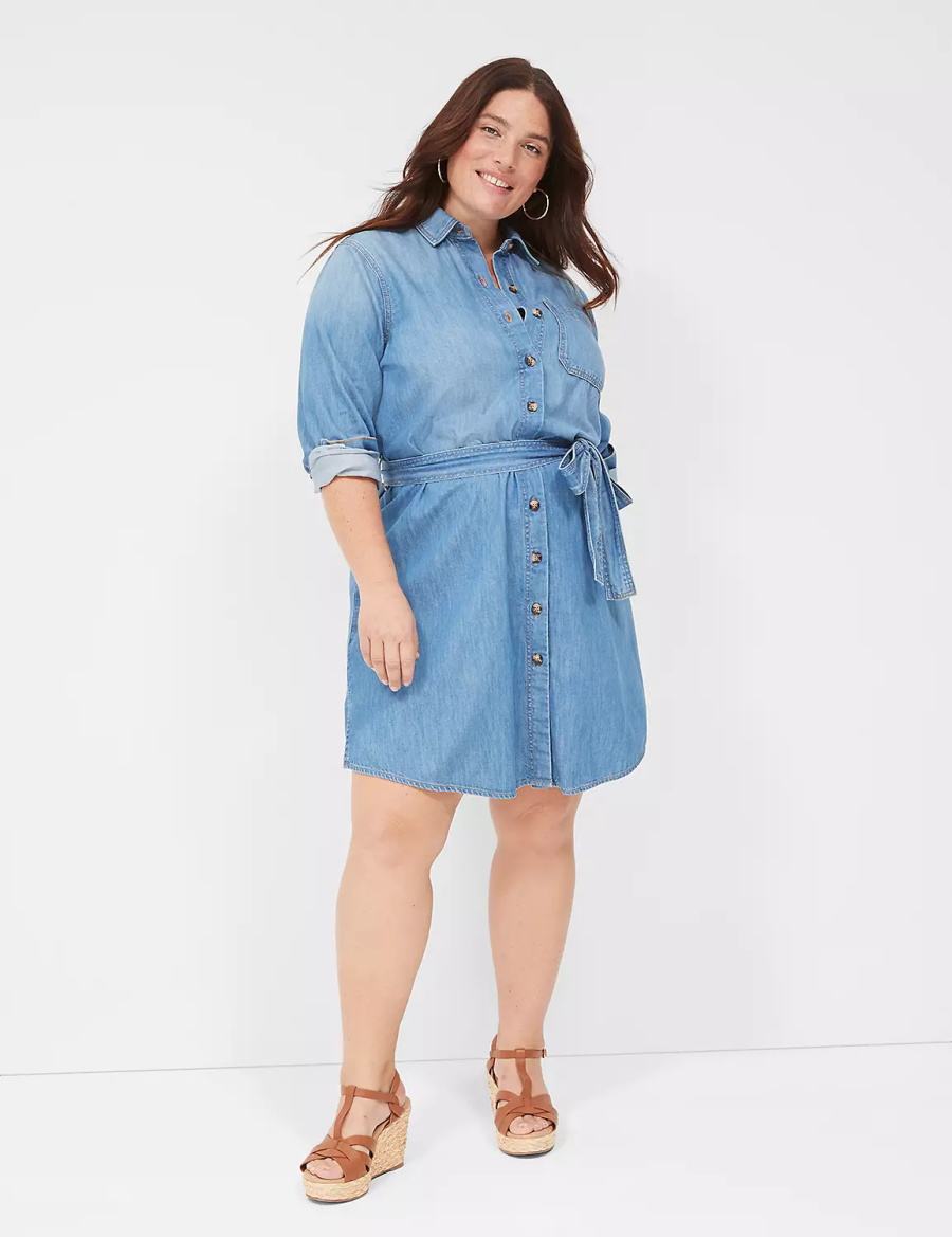 Πουκάμισο Φόρεμα γυναικεια Lane Bryant Tie-Waist Denim μπλε | NEK5446LL