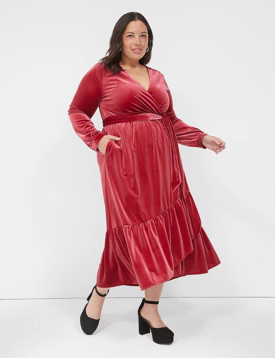 Μίντι Φόρεμα γυναικεια Lane Bryant Tiered Wrap Velvet σκούρο κοκκινα | KIV7816ZK