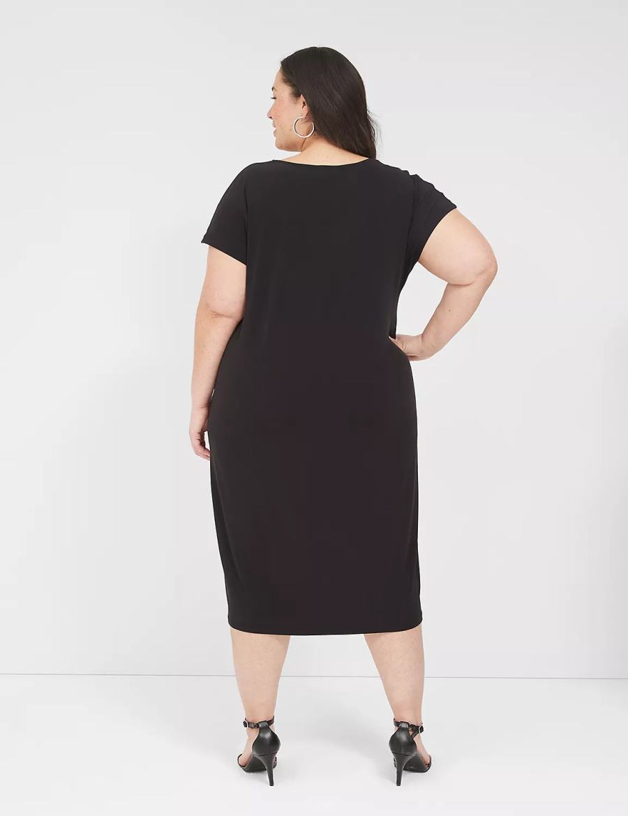 καθημερινο φορεμα γυναικεια Lane Bryant V-Neck Pleat-Front Jersey μαυρα | NKA6139DI