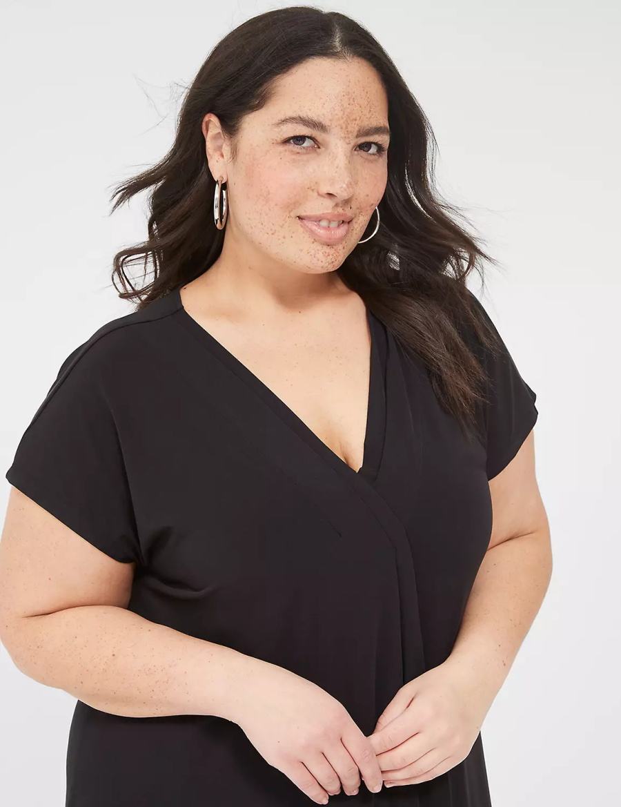 καθημερινο φορεμα γυναικεια Lane Bryant V-Neck Pleat-Front Jersey μαυρα | NKA6139DI