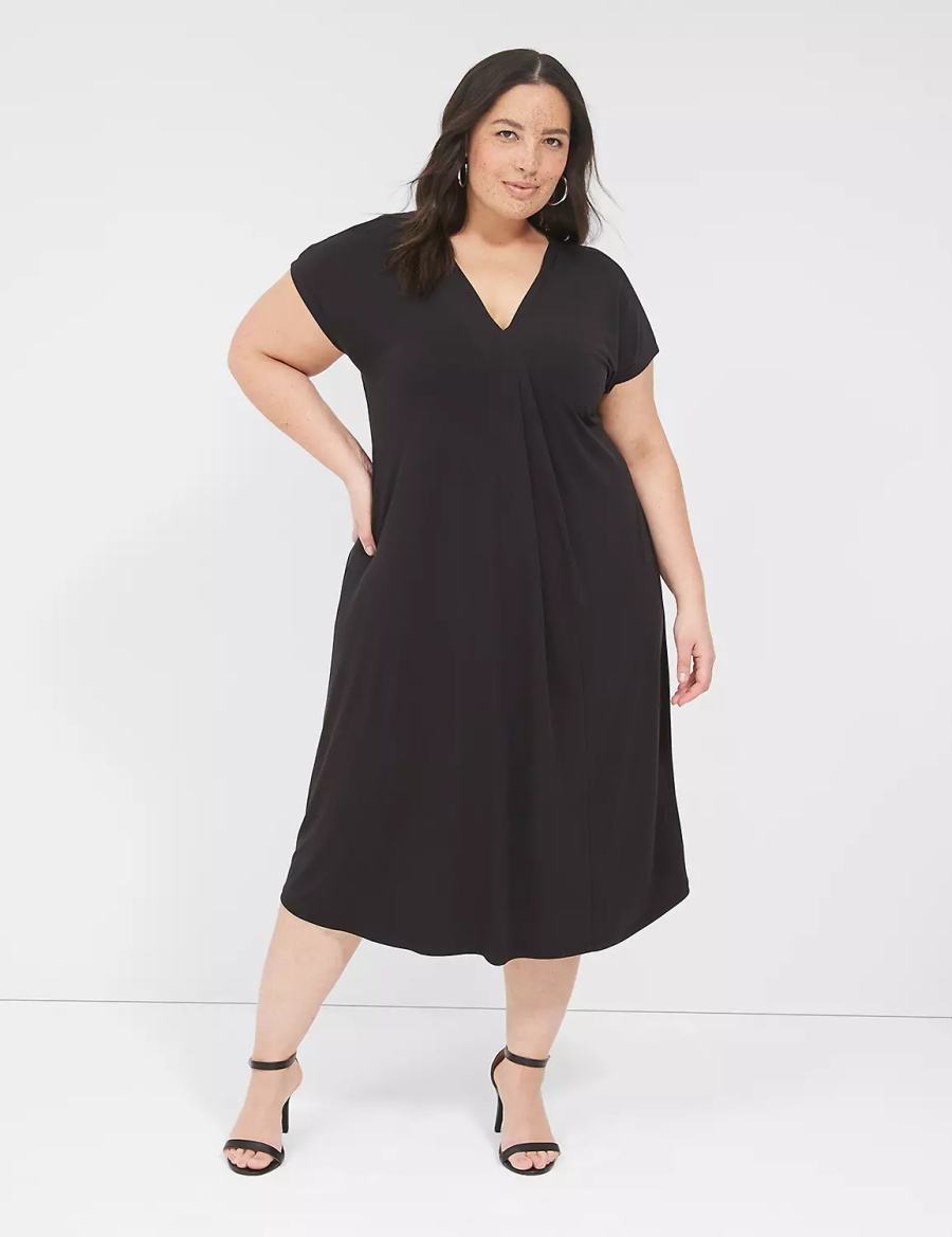 καθημερινο φορεμα γυναικεια Lane Bryant V-Neck Pleat-Front Jersey μαυρα | NKA6139DI