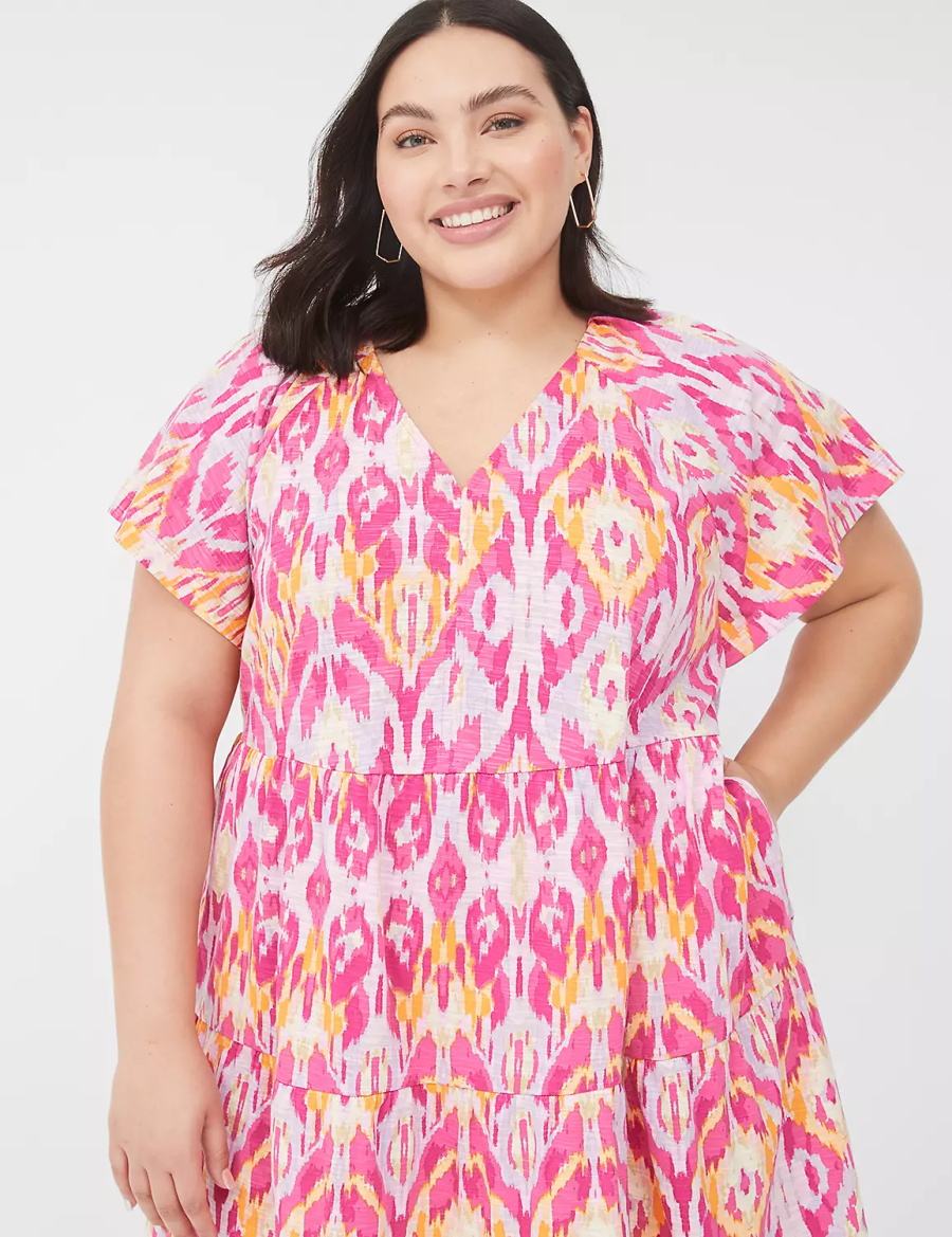 Κοντό Φόρεμα γυναικεια Lane Bryant V-Neck Tiered Easy ροζ | VPW1860OR