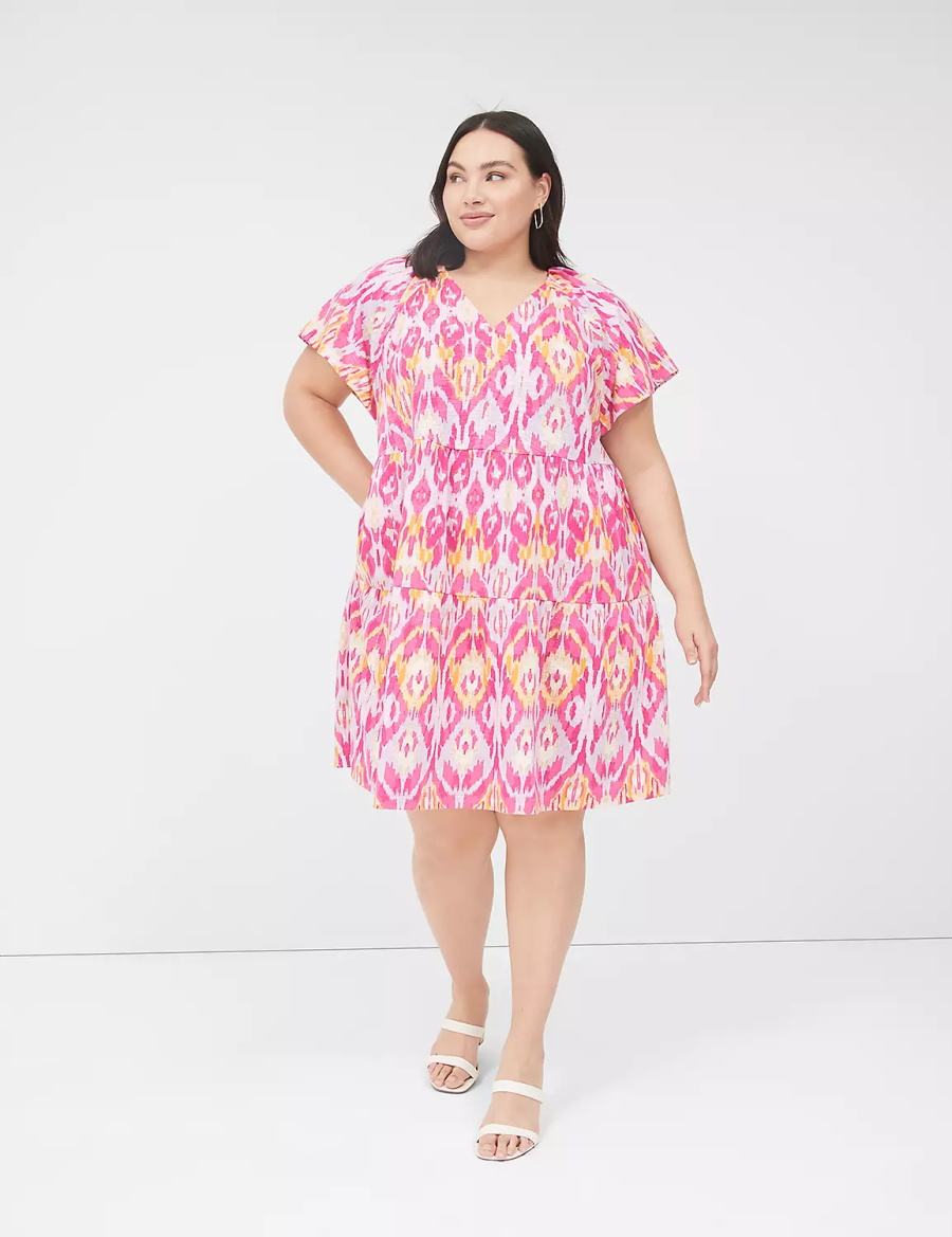 Κοντό Φόρεμα γυναικεια Lane Bryant V-Neck Tiered Easy ροζ | VPW1860OR