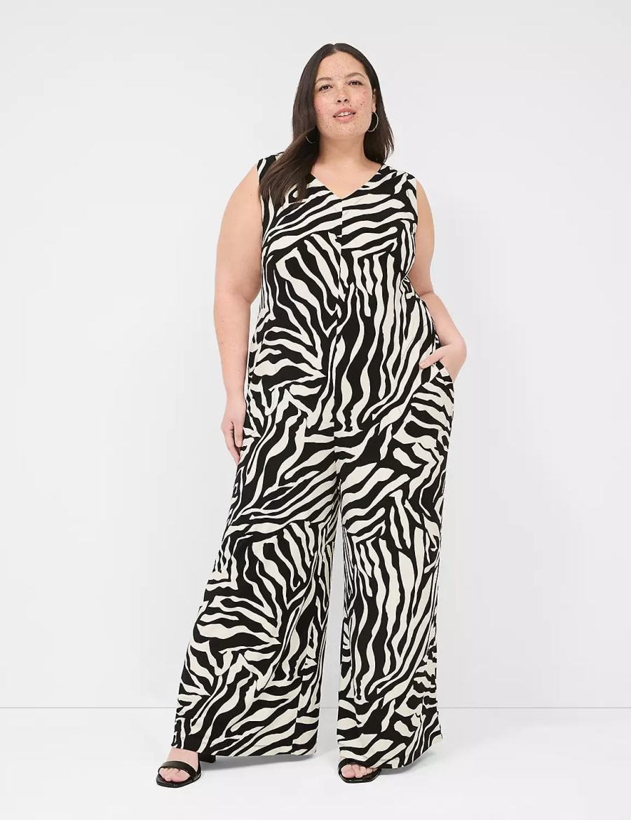 Ολοσωμη Φορμα γυναικεια Lane Bryant V-Neck Wide Leg Jersey ασπρα μαυρα | YLA8691RZ