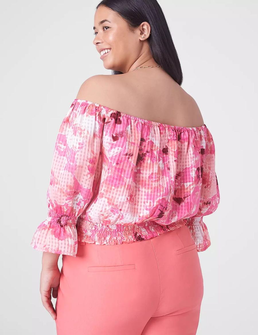 Μπλουζακια Αμανικα γυναικεια Lane Bryant κλασικα Crop Off-The-Shoulder Chiffon Top ροζ | BCP465DF