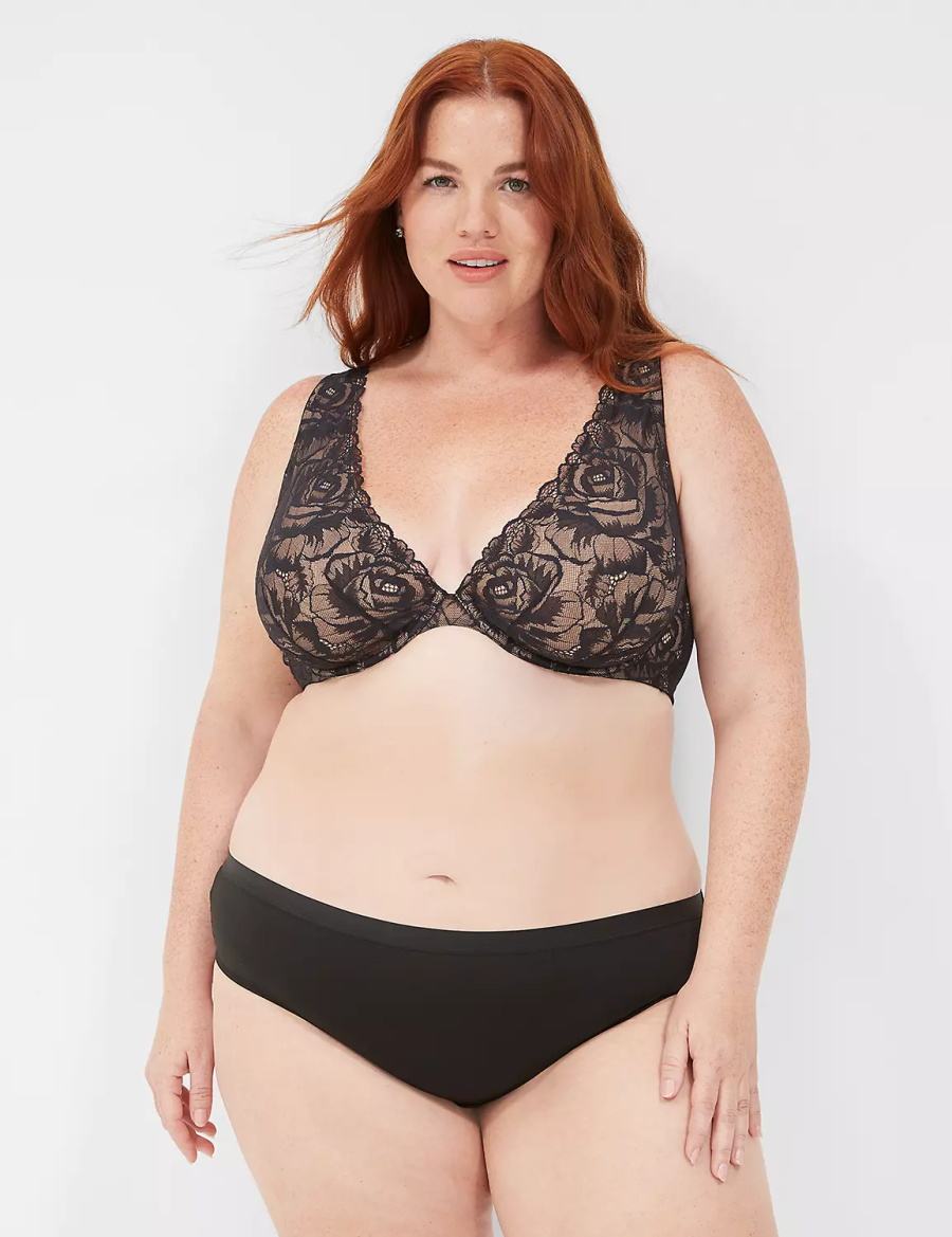 Σουτιέν Χωρίς Επένδυση γυναικεια Lane Bryant Plunge with Lace μαυρα | QUX7121ZQ